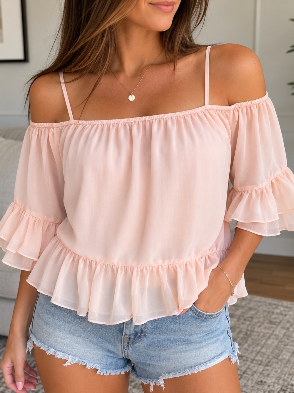 🌸 Cliché Blush Pink Off Shoulder Ruffle Top
